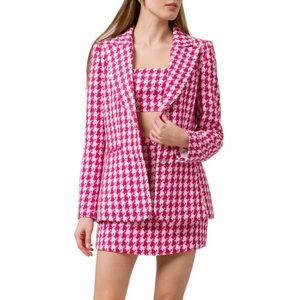 Pink Blazer Skirt Set Tweed Houndstooth